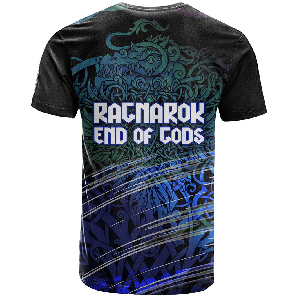 Fenrir T Shirt with Blue Wolf, Runes and Ragnarok End of Gods Tribute - Wonder Print Shop