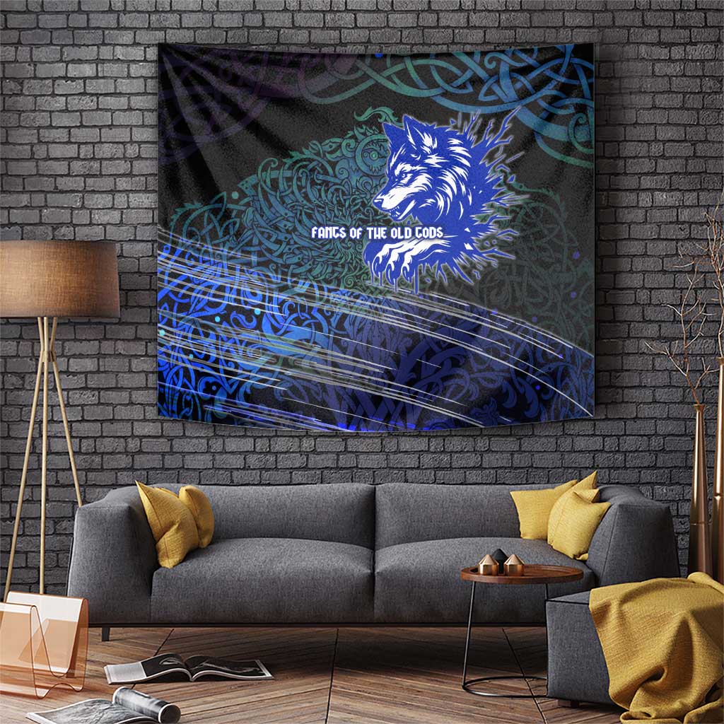 Fenrir Tapestry with Blue Wolf, Runes and Ragnarok End of Gods Tribute - Wonder Print Shop