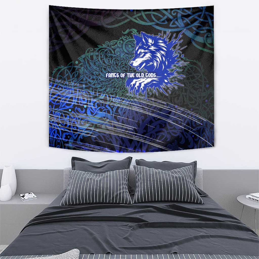 Fenrir Tapestry with Blue Wolf, Runes and Ragnarok End of Gods Tribute - Wonder Print Shop