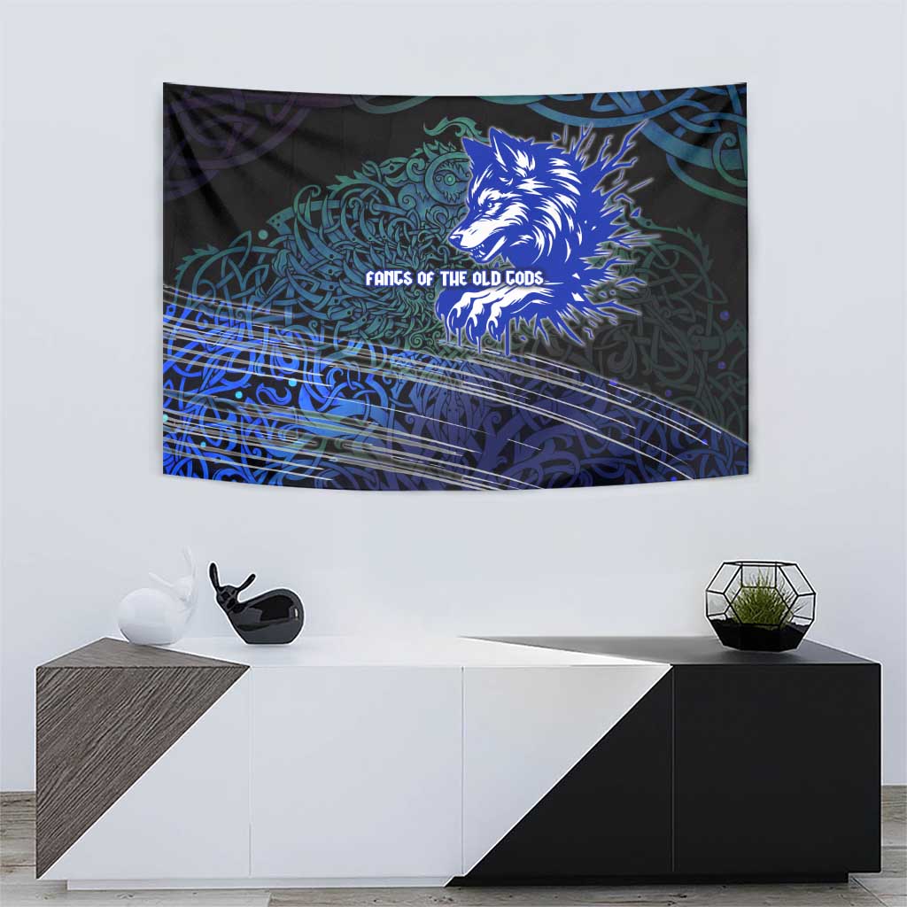 Fenrir Tapestry with Blue Wolf, Runes and Ragnarok End of Gods Tribute - Wonder Print Shop