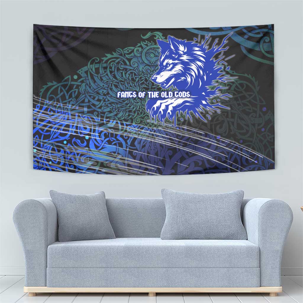 Fenrir Tapestry with Blue Wolf, Runes and Ragnarok End of Gods Tribute - Wonder Print Shop