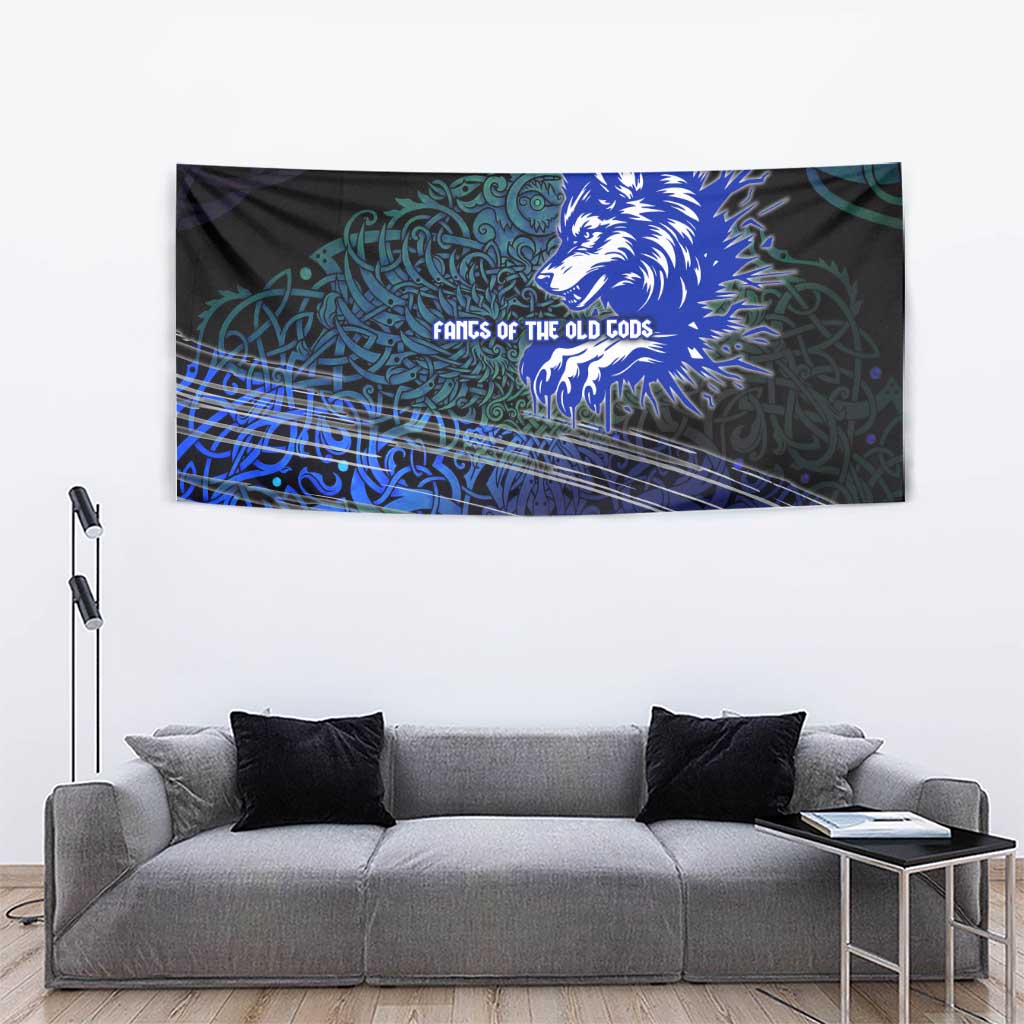 Fenrir Tapestry with Blue Wolf, Runes and Ragnarok End of Gods Tribute - Wonder Print Shop
