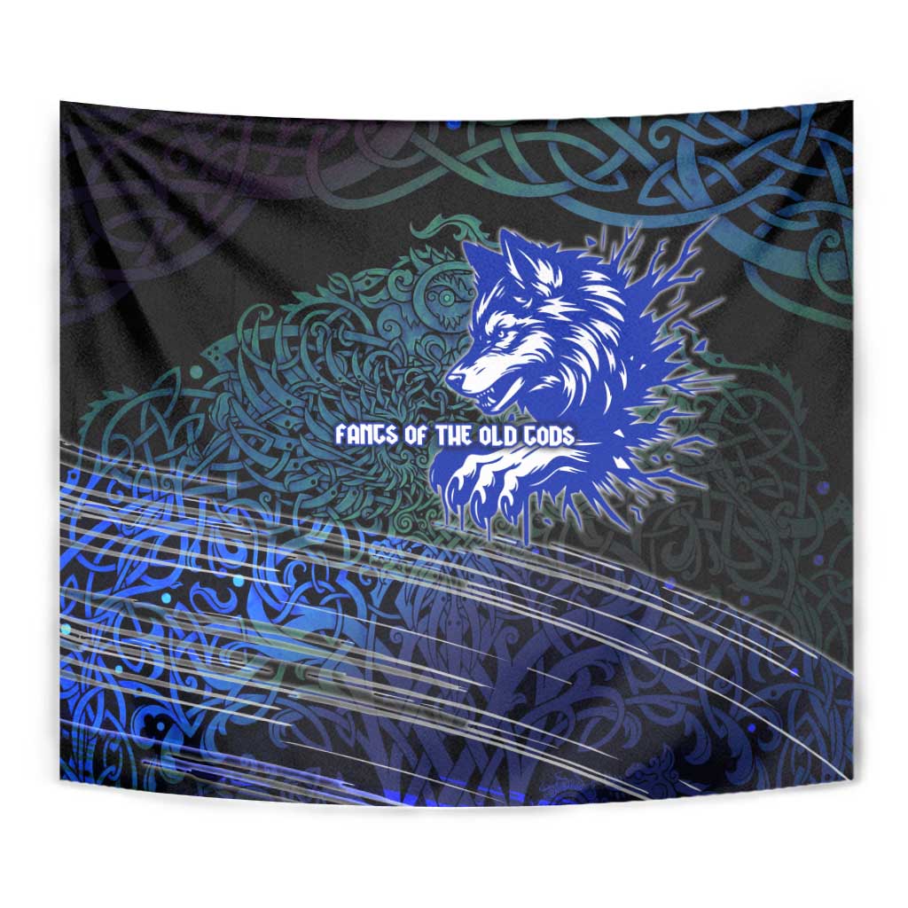Fenrir Tapestry with Blue Wolf, Runes and Ragnarok End of Gods Tribute - Wonder Print Shop