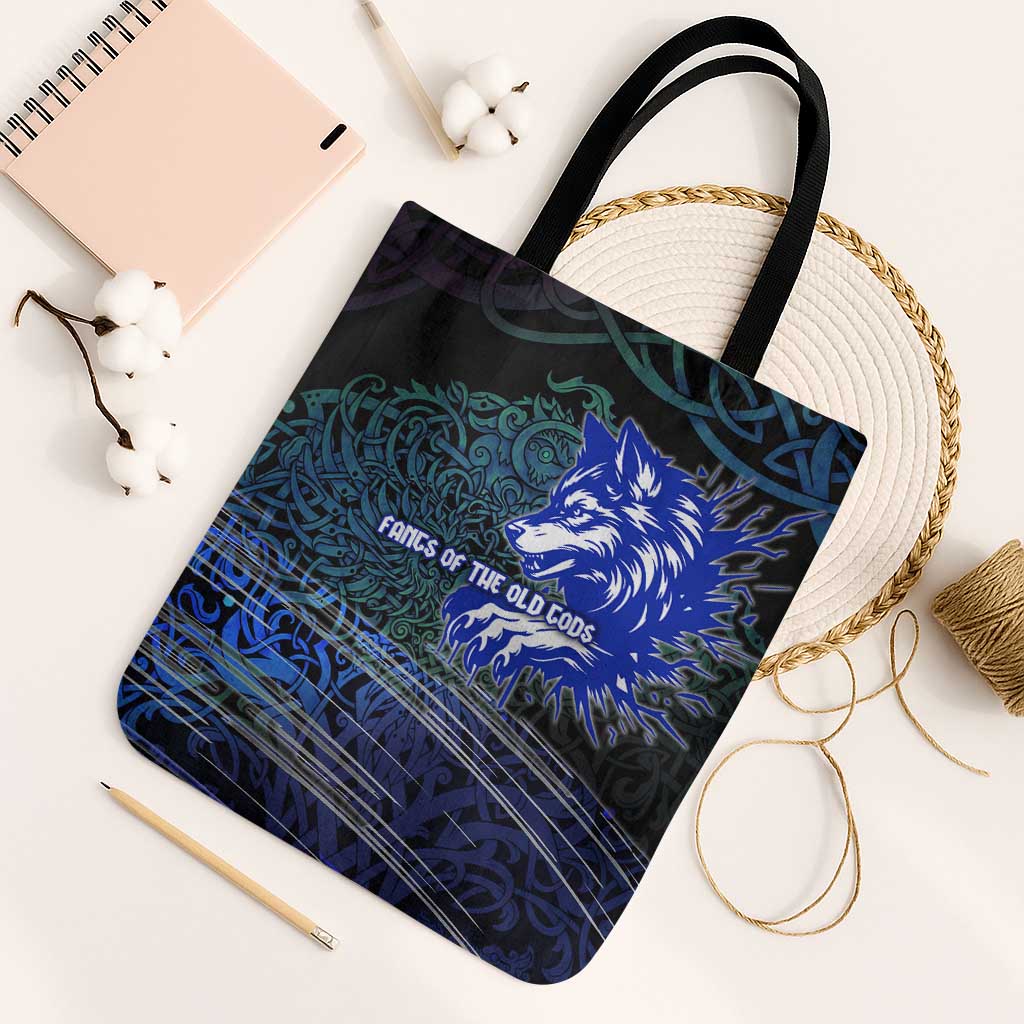Fenrir Tote Bag with Blue Wolf, Runes and Ragnarok End of Gods Tribute - Wonder Print Shop