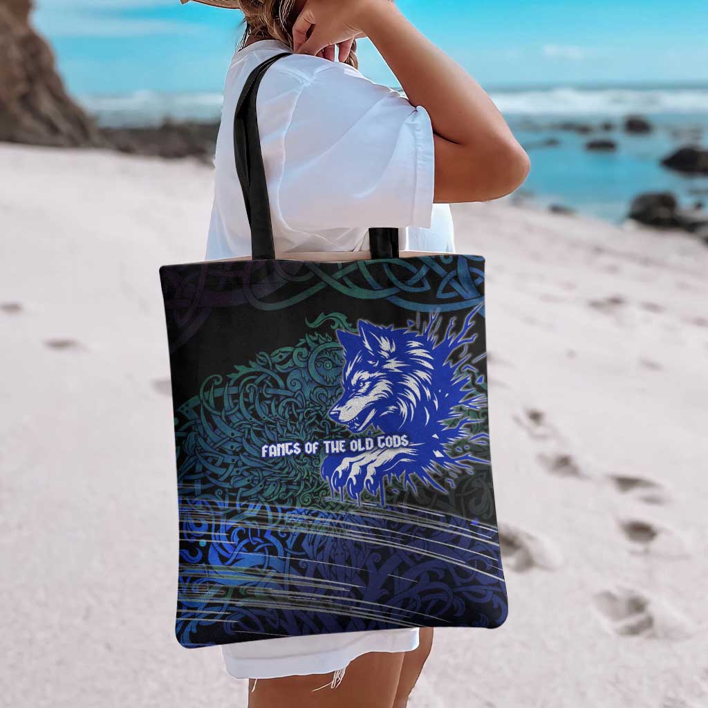 Fenrir Tote Bag with Blue Wolf, Runes and Ragnarok End of Gods Tribute - Wonder Print Shop