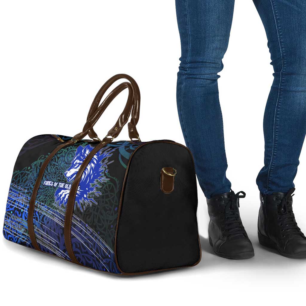 Fenrir Travel Bag with Blue Wolf, Runes and Ragnarok End of Gods Tribute - Wonder Print Shop