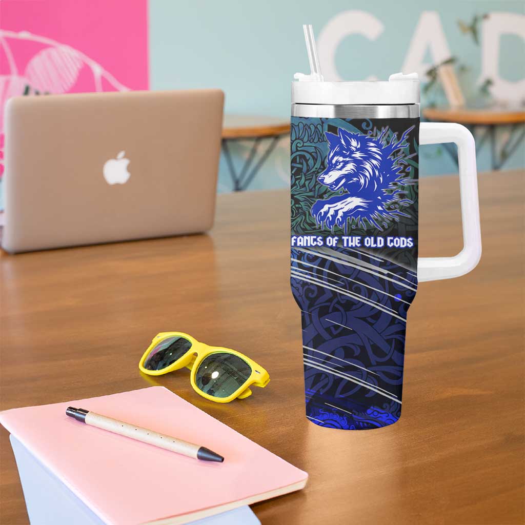 Fenrir Tumbler With Handle with Blue Wolf, Runes and Ragnarok End of Gods Tribute - Wonder Print Shop