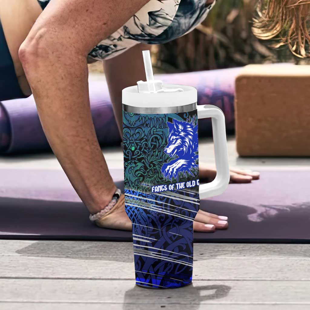 Fenrir Tumbler With Handle with Blue Wolf, Runes and Ragnarok End of Gods Tribute - Wonder Print Shop