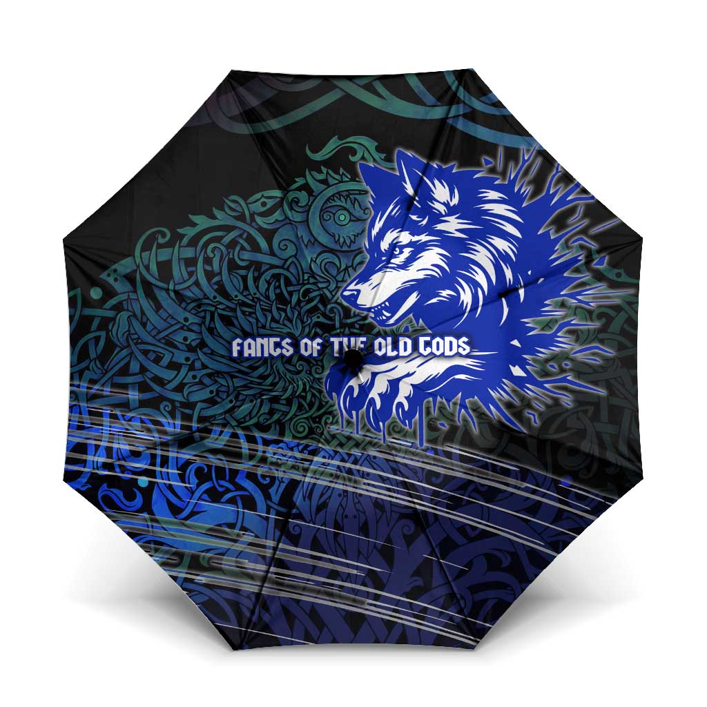 Fenrir Umbrella with Blue Wolf, Runes and Ragnarok End of Gods Tribute - Wonder Print Shop