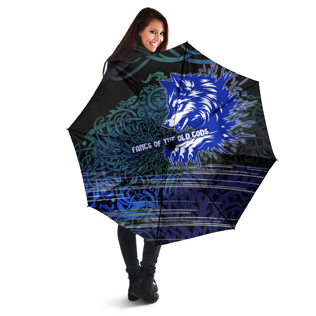 Fenrir Umbrella with Blue Wolf, Runes and Ragnarok End of Gods Tribute - Wonder Print Shop
