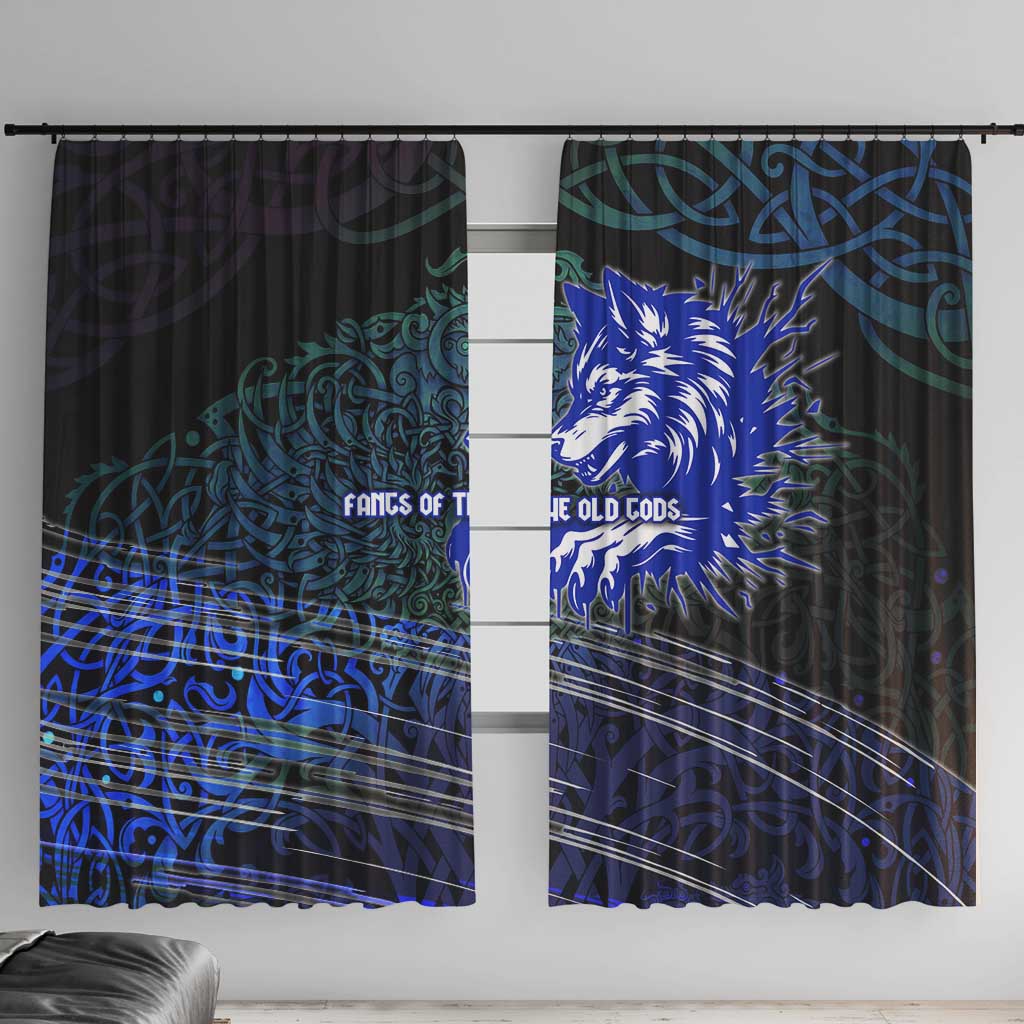 Fenrir Window Curtain with Blue Wolf, Runes and Ragnarok End of Gods Tribute - Wonder Print Shop