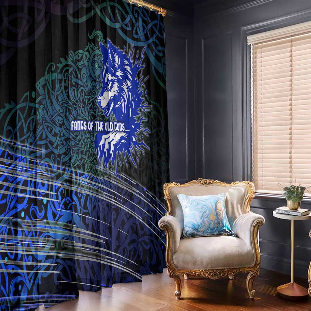 Fenrir Window Curtain with Blue Wolf, Runes and Ragnarok End of Gods Tribute - Wonder Print Shop