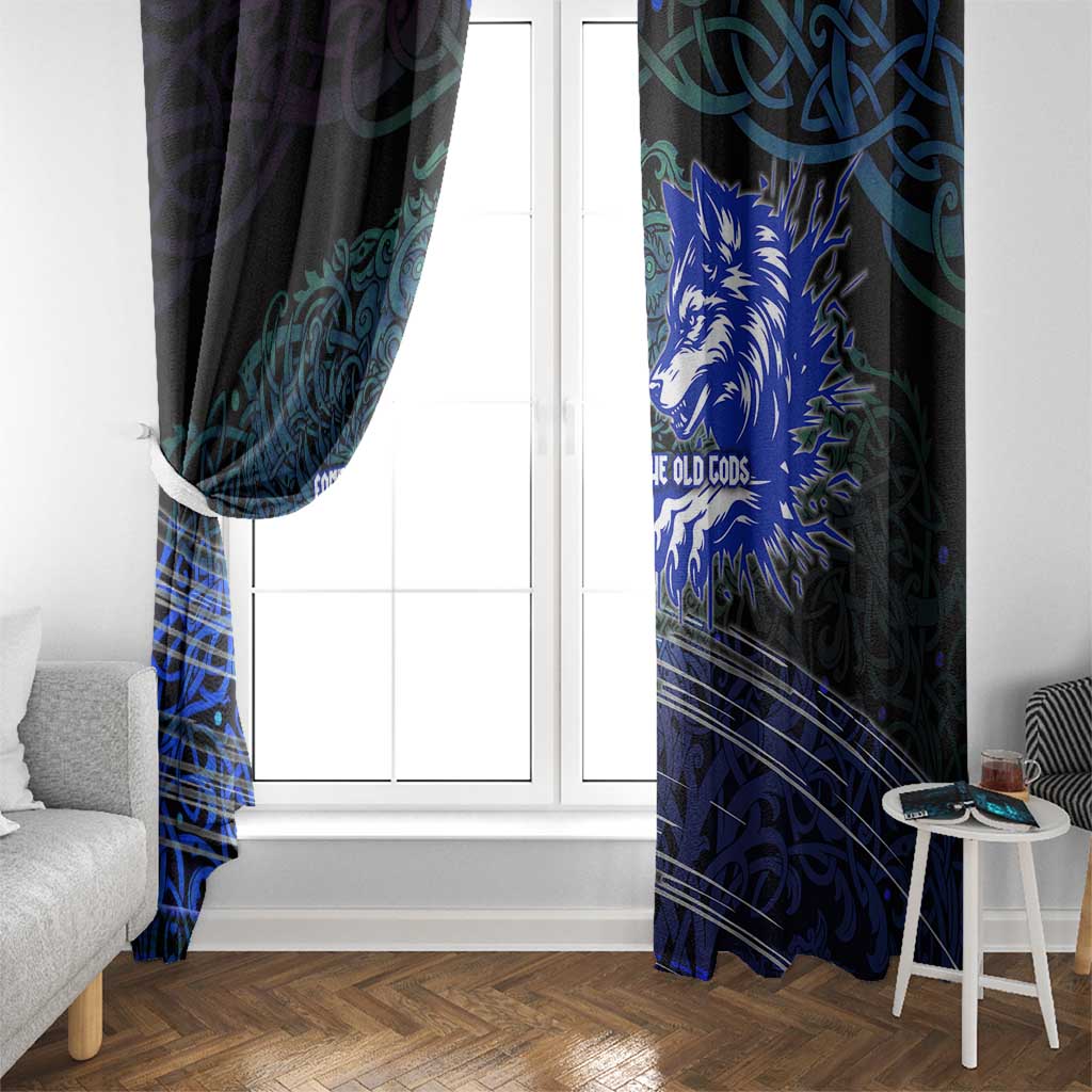 Fenrir Window Curtain with Blue Wolf, Runes and Ragnarok End of Gods Tribute - Wonder Print Shop