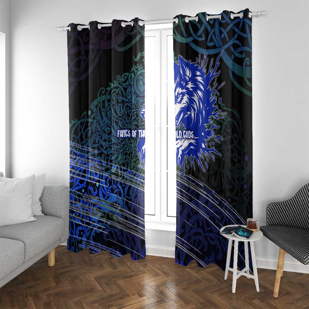 Fenrir Window Curtain with Blue Wolf, Runes and Ragnarok End of Gods Tribute - Wonder Print Shop