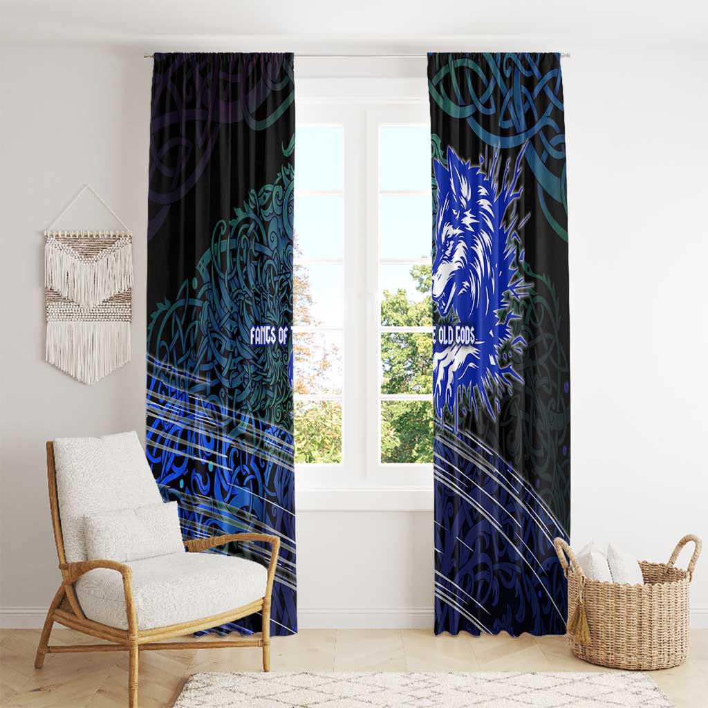 Fenrir Window Curtain with Blue Wolf, Runes and Ragnarok End of Gods Tribute - Wonder Print Shop