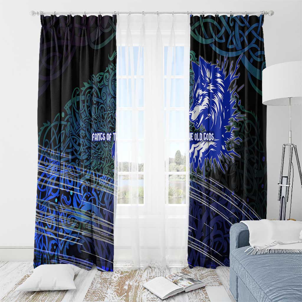 Fenrir Window Curtain with Blue Wolf, Runes and Ragnarok End of Gods Tribute - Wonder Print Shop