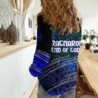 Fenrir Women Casual Shirt with Blue Wolf, Runes and Ragnarok End of Gods Tribute - Wonder Print Shop