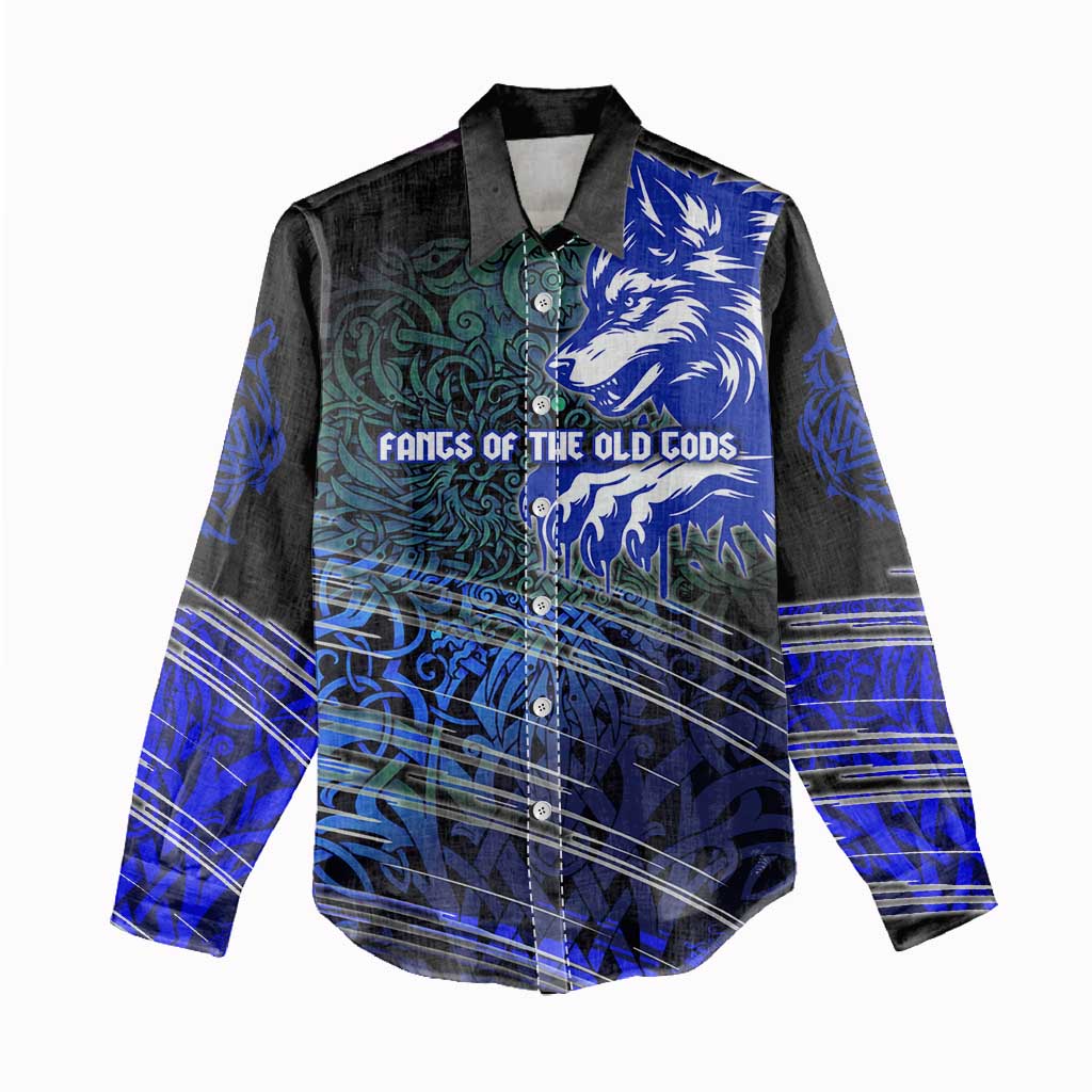 Fenrir Women Casual Shirt with Blue Wolf, Runes and Ragnarok End of Gods Tribute - Wonder Print Shop
