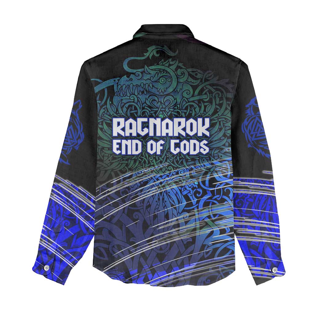 Fenrir Women Casual Shirt with Blue Wolf, Runes and Ragnarok End of Gods Tribute - Wonder Print Shop