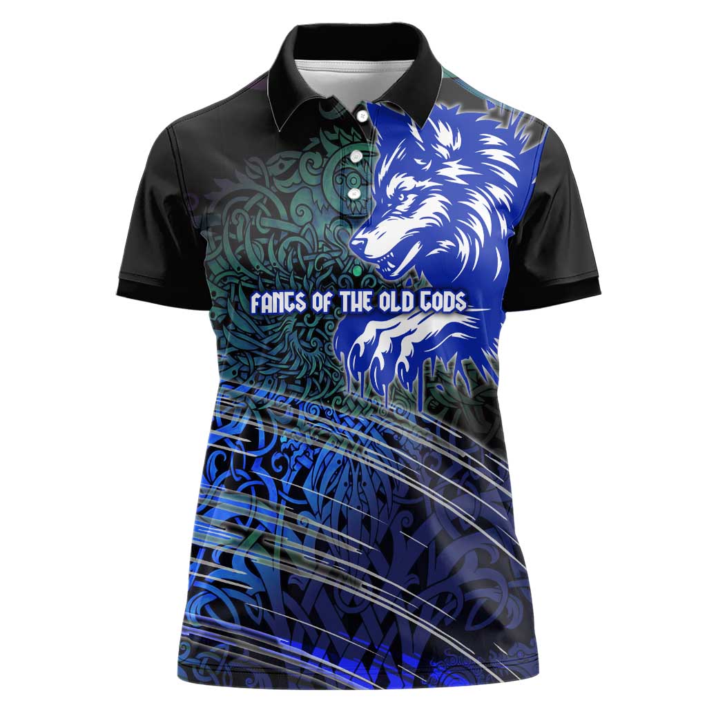 Fenrir Women Polo Shirt with Blue Wolf, Runes and Ragnarok End of Gods Tribute - Wonder Print Shop