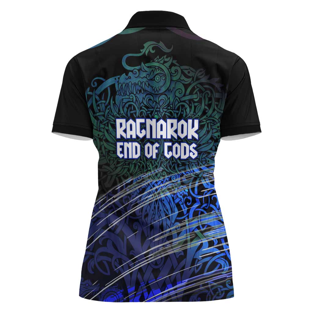Fenrir Women Polo Shirt with Blue Wolf, Runes and Ragnarok End of Gods Tribute - Wonder Print Shop