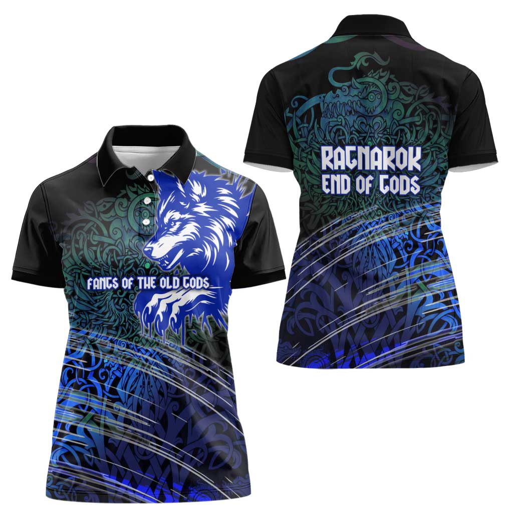 Fenrir Women Polo Shirt with Blue Wolf, Runes and Ragnarok End of Gods Tribute - Wonder Print Shop