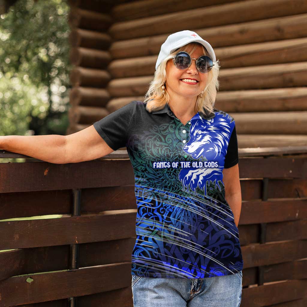 Fenrir Women Polo Shirt with Blue Wolf, Runes and Ragnarok End of Gods Tribute - Wonder Print Shop