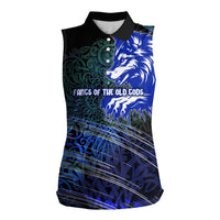 Fenrir Women Sleeveless Polo Shirt with Blue Wolf, Runes and Ragnarok End of Gods Tribute - Wonder Print Shop