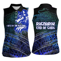 Fenrir Women Sleeveless Polo Shirt with Blue Wolf, Runes and Ragnarok End of Gods Tribute - Wonder Print Shop