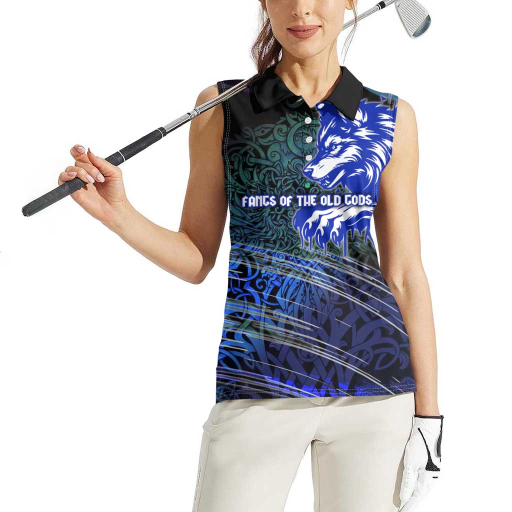 Fenrir Women Sleeveless Polo Shirt with Blue Wolf, Runes and Ragnarok End of Gods Tribute - Wonder Print Shop