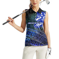 Fenrir Women Sleeveless Polo Shirt with Blue Wolf, Runes and Ragnarok End of Gods Tribute - Wonder Print Shop