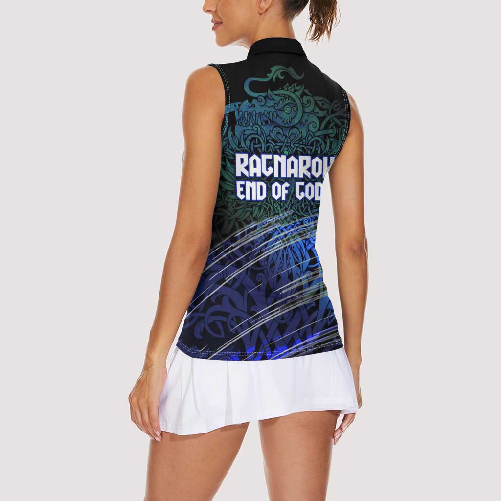 Fenrir Women Sleeveless Polo Shirt with Blue Wolf, Runes and Ragnarok End of Gods Tribute - Wonder Print Shop