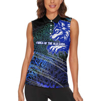 Fenrir Women Sleeveless Polo Shirt with Blue Wolf, Runes and Ragnarok End of Gods Tribute - Wonder Print Shop