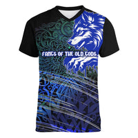 Fenrir Women V-Neck T-Shirt with Blue Wolf, Runes and Ragnarok End of Gods Tribute - Wonder Print Shop