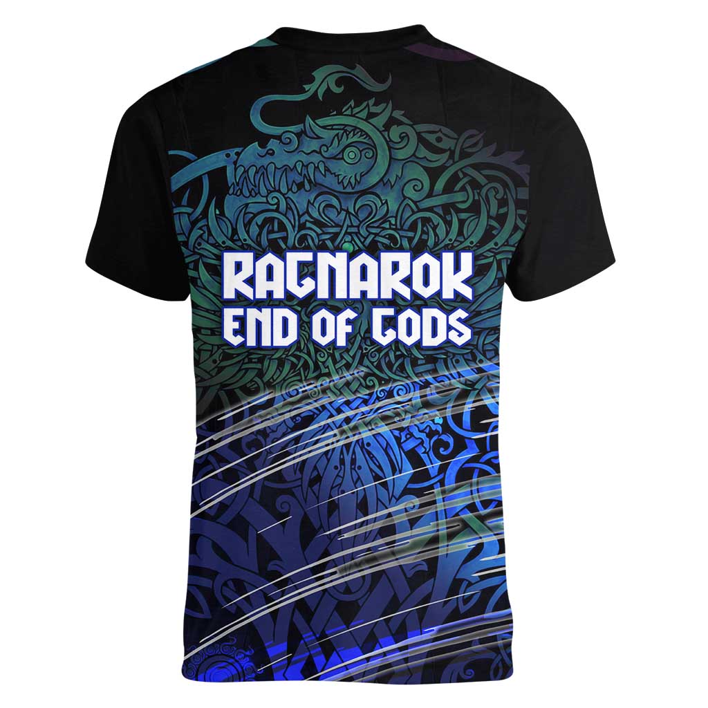 Fenrir Women V-Neck T-Shirt with Blue Wolf, Runes and Ragnarok End of Gods Tribute - Wonder Print Shop