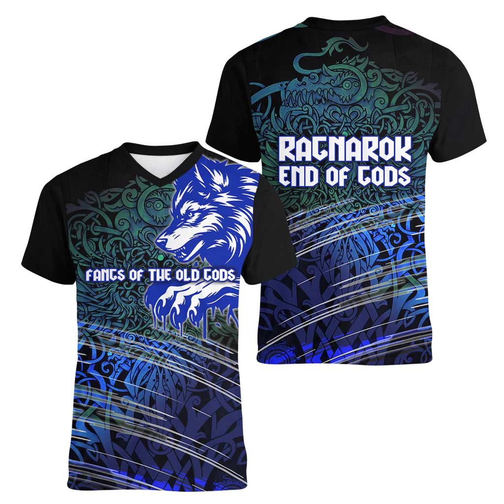 Fenrir Women V-Neck T-Shirt with Blue Wolf, Runes and Ragnarok End of Gods Tribute - Wonder Print Shop