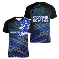 Fenrir Women V-Neck T-Shirt with Blue Wolf, Runes and Ragnarok End of Gods Tribute - Wonder Print Shop