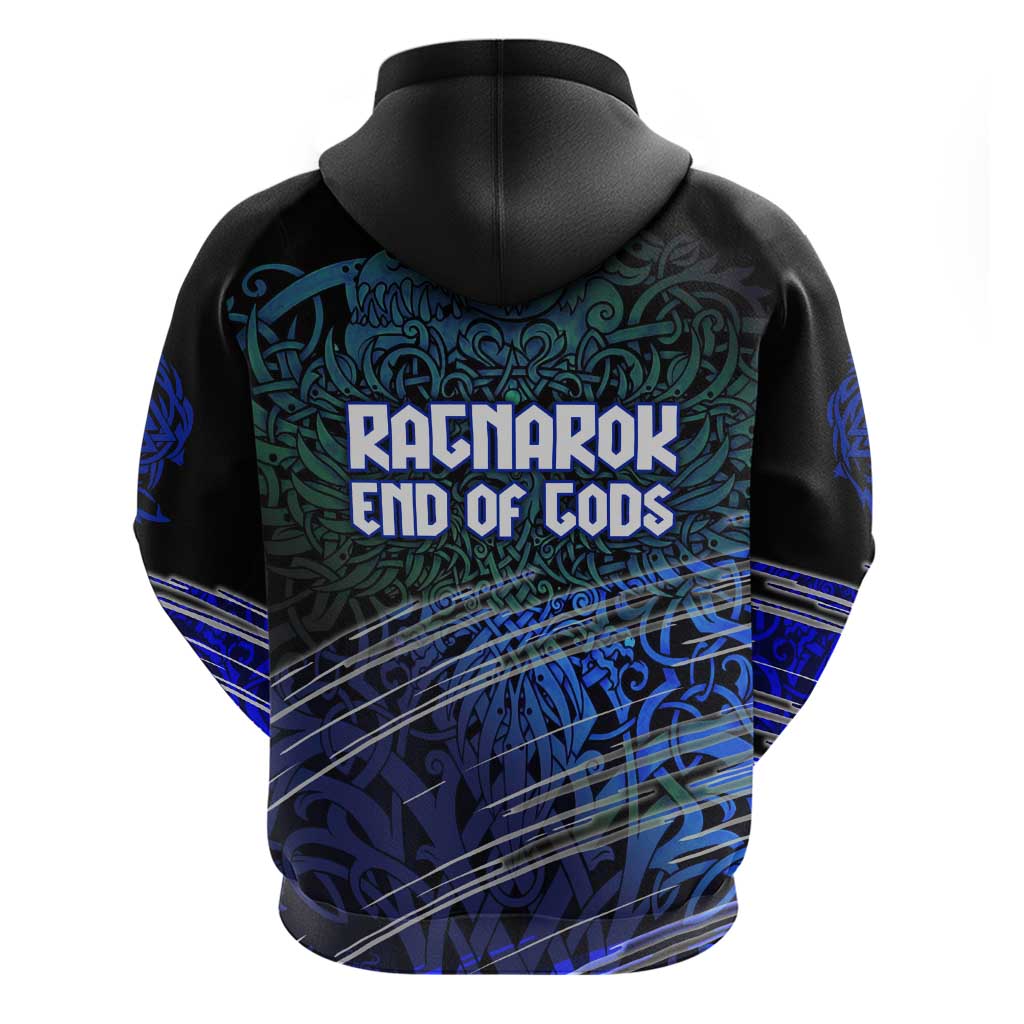 Fenrir Zip Hoodie with Blue Wolf, Runes and Ragnarok End of Gods Tribute - Wonder Print Shop