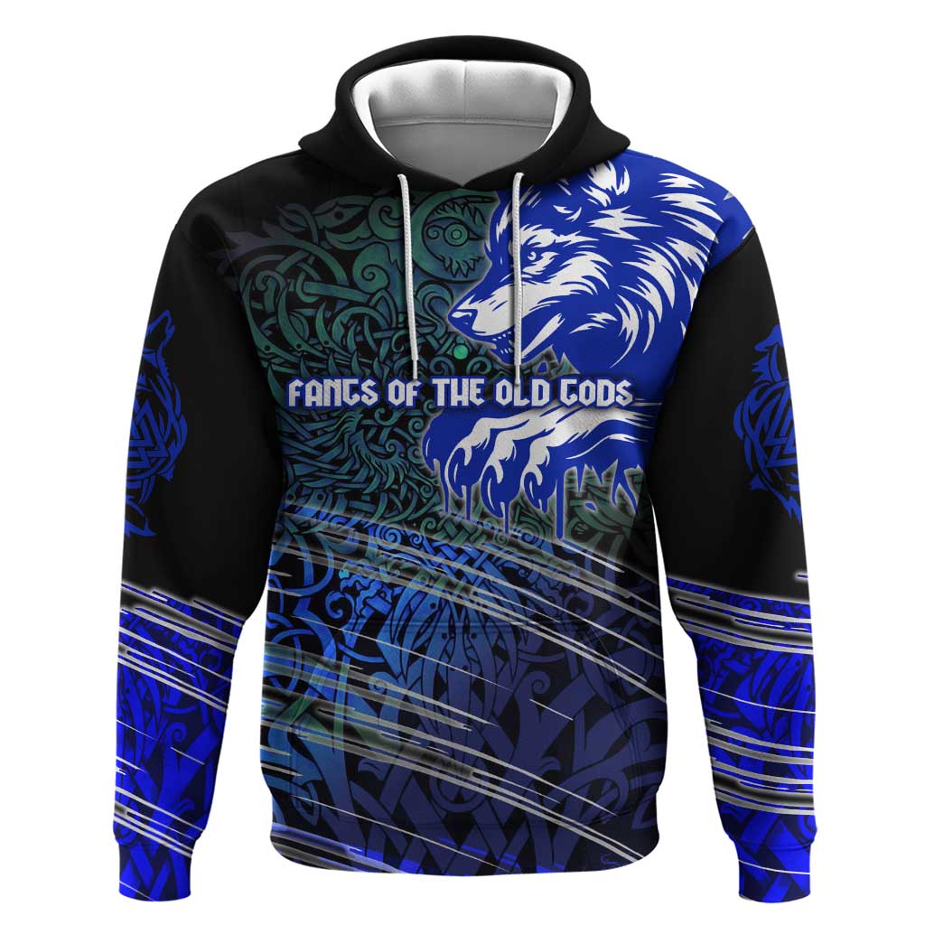 Fenrir Zip Hoodie with Blue Wolf, Runes and Ragnarok End of Gods Tribute - Wonder Print Shop