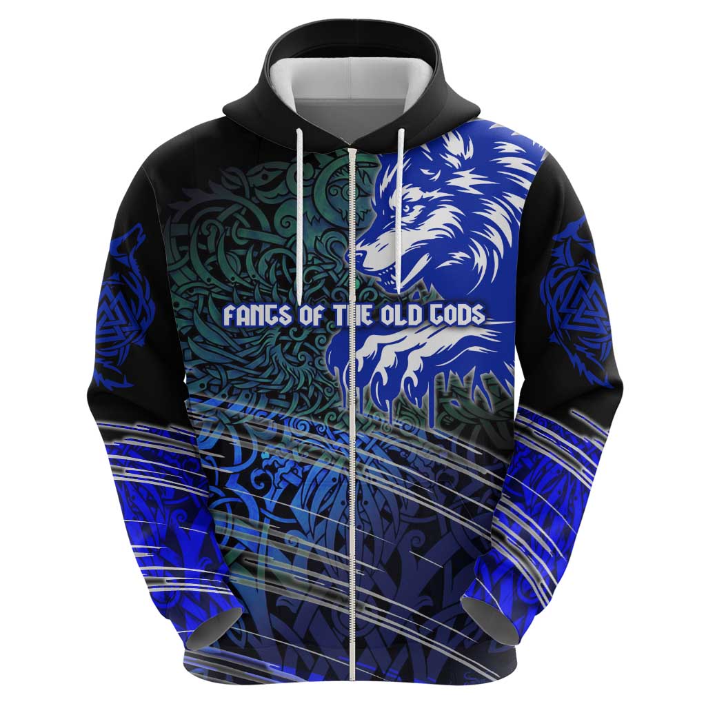 Fenrir Zip Hoodie with Blue Wolf, Runes and Ragnarok End of Gods Tribute - Wonder Print Shop
