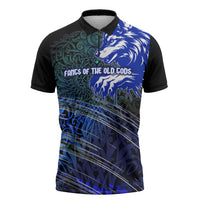 Fenrir Zipper Polo Shirt with Blue Wolf, Runes and Ragnarok End of Gods Tribute - Wonder Print Shop