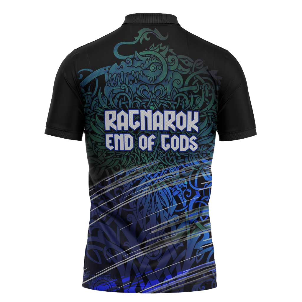 Fenrir Zipper Polo Shirt with Blue Wolf, Runes and Ragnarok End of Gods Tribute - Wonder Print Shop