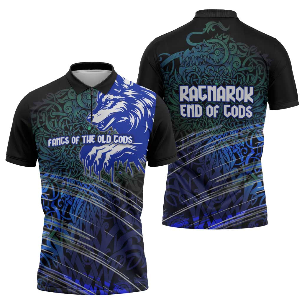 Fenrir Zipper Polo Shirt with Blue Wolf, Runes and Ragnarok End of Gods Tribute - Wonder Print Shop
