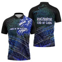 Fenrir Zipper Polo Shirt with Blue Wolf, Runes and Ragnarok End of Gods Tribute - Wonder Print Shop