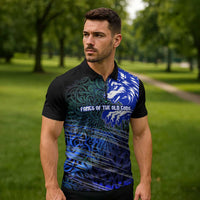 Fenrir Zipper Polo Shirt with Blue Wolf, Runes and Ragnarok End of Gods Tribute - Wonder Print Shop