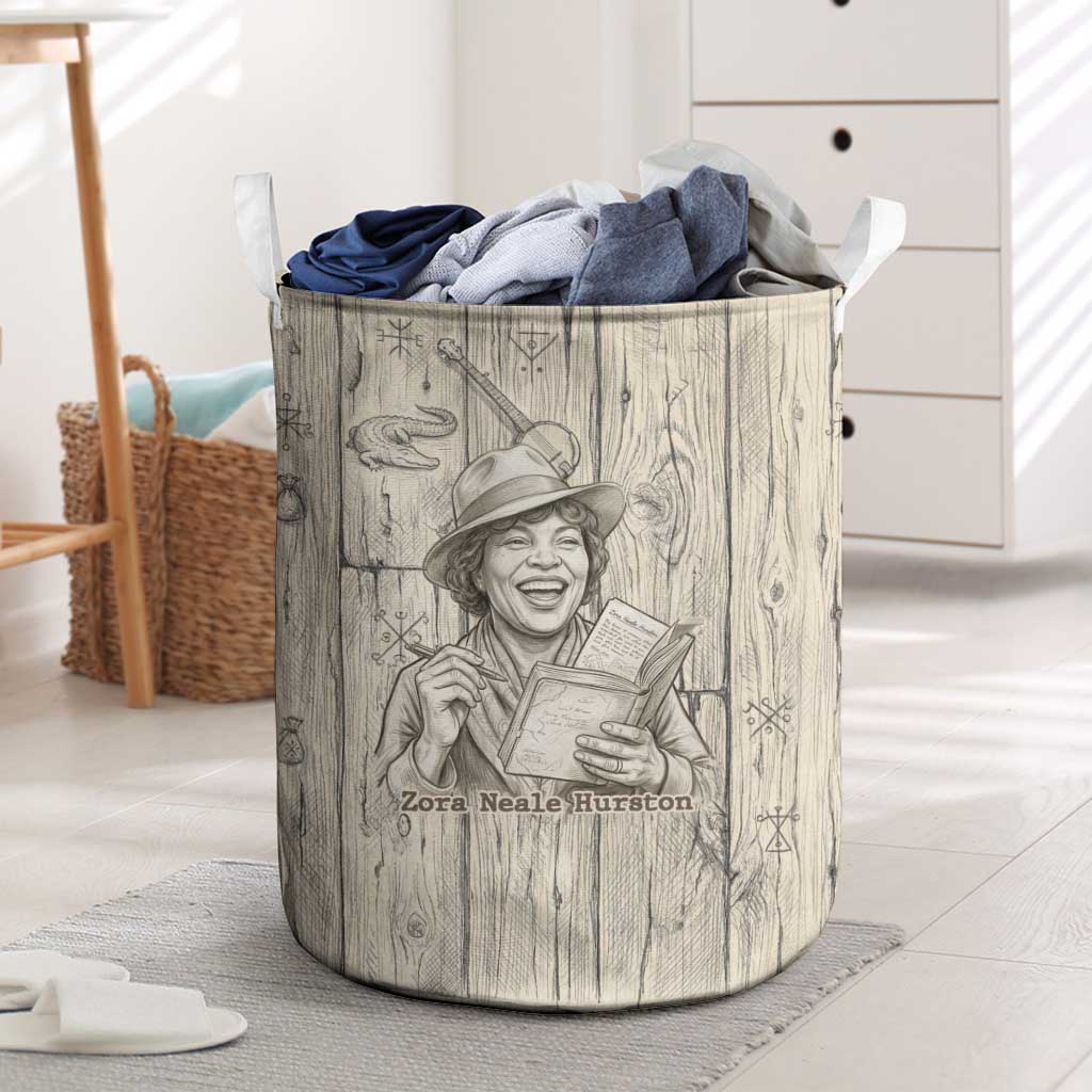 Zora Neale Hurston Laundry Basket Rustic Wood Engraved Style Illustration Joyful Portrait with Book and Map Donkey - Wonder Print Shop