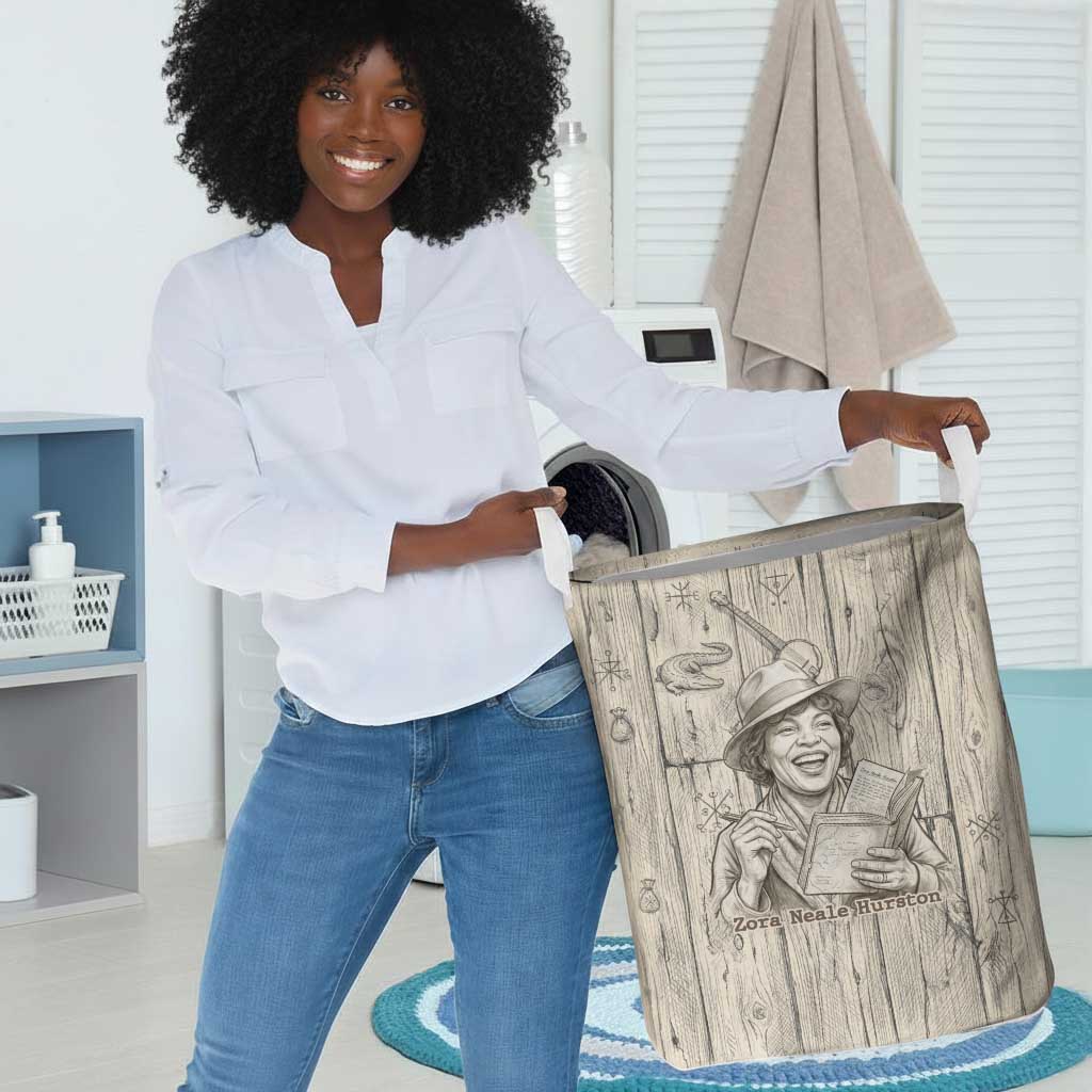 Zora Neale Hurston Laundry Basket Rustic Wood Engraved Style Illustration Joyful Portrait with Book and Map Donkey - Wonder Print Shop