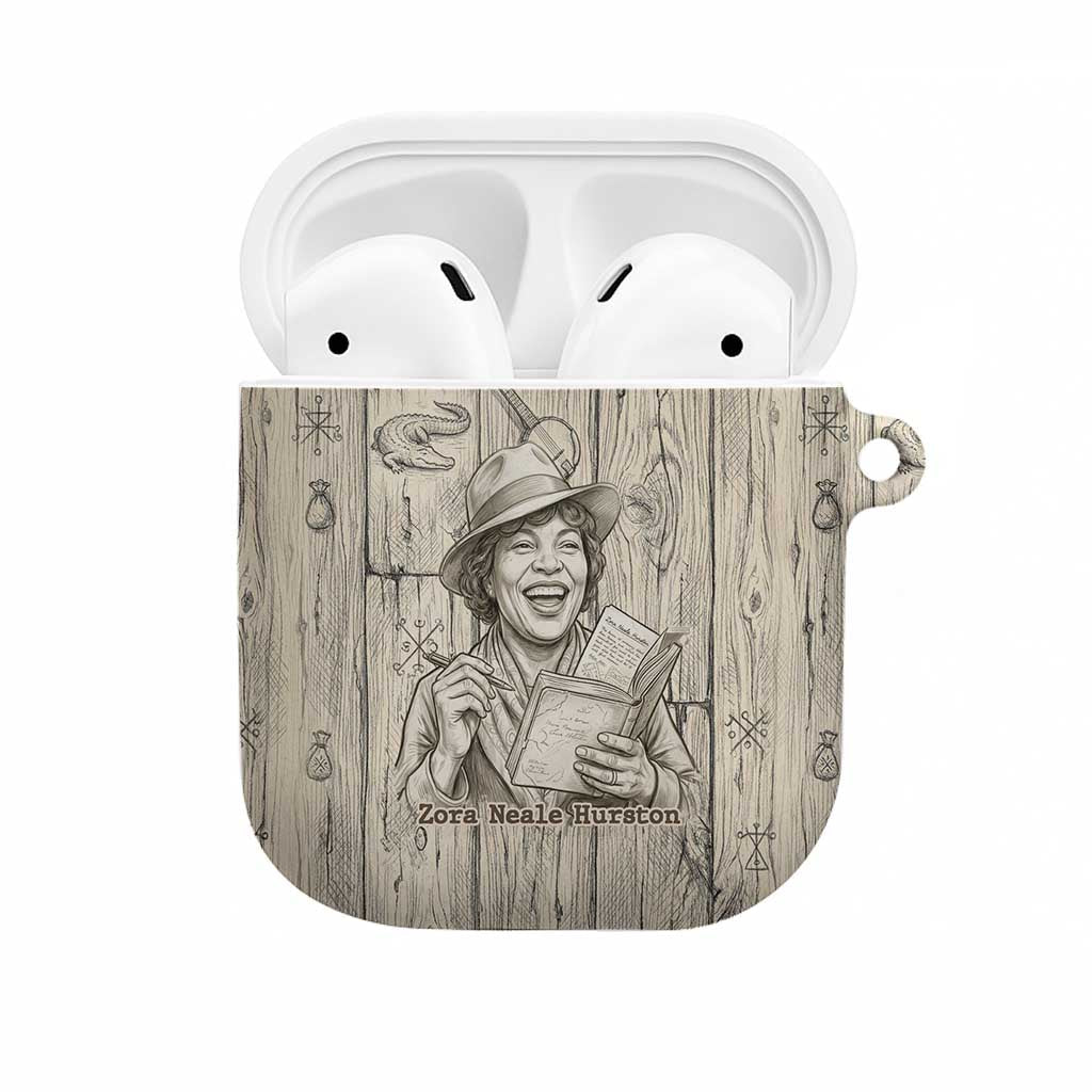 Zora Neale Hurston AirPods Case Rustic Wood Engraved Style Illustration Joyful Portrait with Book and Map Donkey - Wonder Print Shop