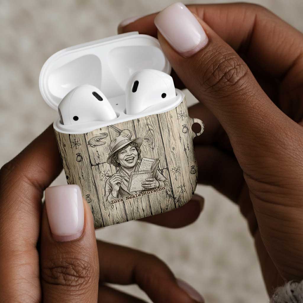 Zora Neale Hurston AirPods Case Rustic Wood Engraved Style Illustration Joyful Portrait with Book and Map Donkey - Wonder Print Shop