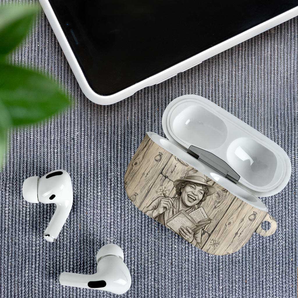 Zora Neale Hurston AirPods Case Rustic Wood Engraved Style Illustration Joyful Portrait with Book and Map Donkey - Wonder Print Shop